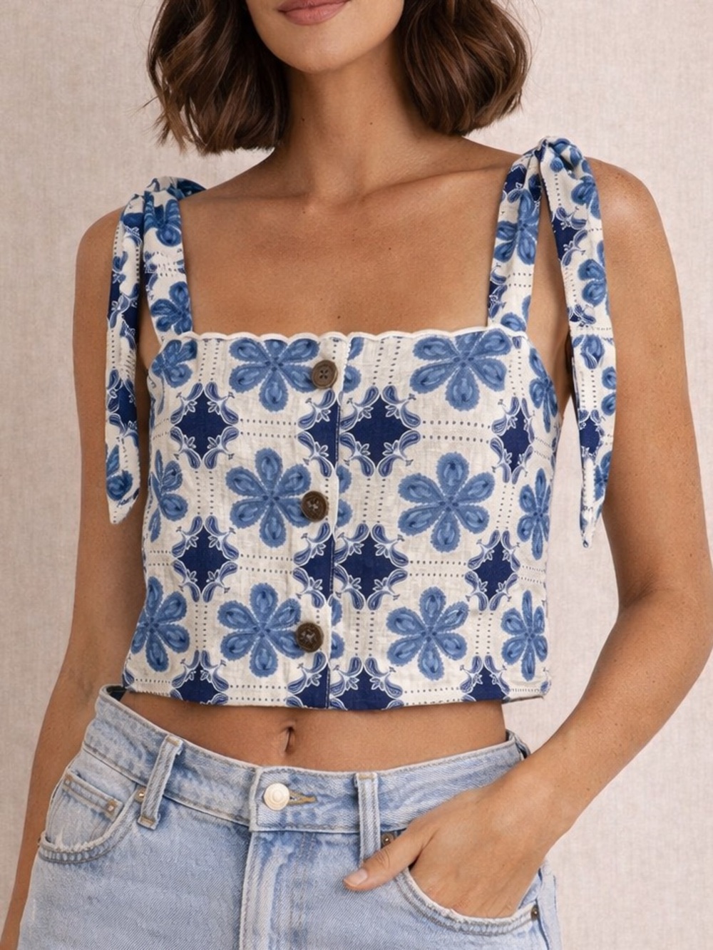Agua Bendita Crop Top Linen Tile Print Tie Shoulder Tomato Girl Blue| Size M